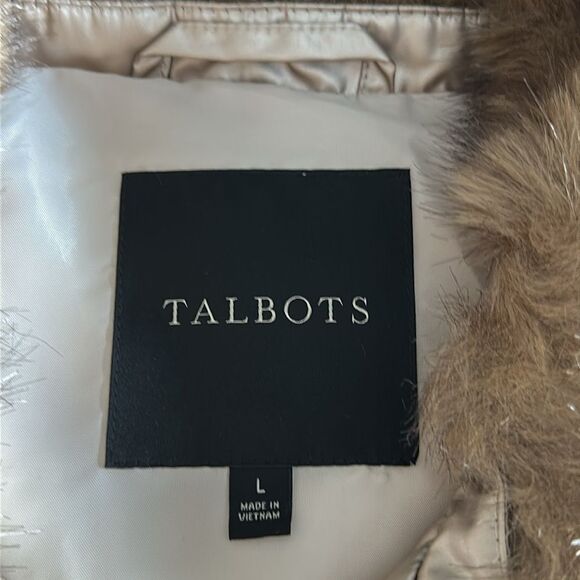 Talbots Metallic Taupe Down Puffer Vest Faux Fur Collar Women’s L - Picture 6 of 10
